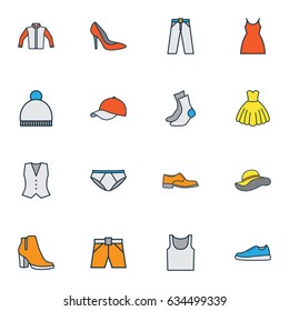 Dress Colorful Outline Icons Set. Collection Of Dress, Socks, Vest And Other Elements. Also Includes Symbols Such As Windbreaker, Shorts, Feminine.