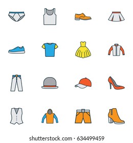 Dress Colorful Outline Icons Set. Collection Of Cap, Trousers, Underwear And Other Elements. Also Includes Symbols Such As Pants, Waistcoat, Wear.