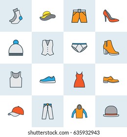 Dress Colorful Outline Icons Set. Collection Of Beanie, Socks, Sweatshirt And Other Elements. Also Includes Symbols Such As Sneakers, Socks, Heels.