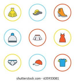 Dress Colorful Outline Icons Set. Collection Of Elegant Headgear, Panties, T-Shirt And Other Elements. Also Includes Symbols Such As Ski, Girl, Gown.