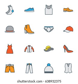 Dress Colorful Outline Icons Set. Collection Of Cap, Dress, Socks And Other Elements. Also Includes Symbols Such As Gumshoes, Wear, Breeches.