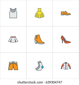 Dress Colorful Outline Icons Set. Collection Of Underwear, Jacket, Evening Gown And Other Elements. Also Includes Symbols Such As Woman, Man, Girl.