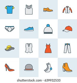 Dress Colorful Outline Icons Set. Collection Of Female Boots, Heels, Dress And Other Elements. Also Includes Symbols Such As Socks, Underwear, Panties.