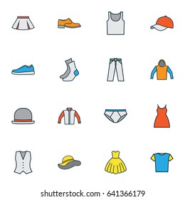 Dress Colorful Outline Icons Set. Collection Of Jacket, Dress, Underwear And Other Elements. Also Includes Symbols Such As Feminine, Gumshoes, Windbreaker.