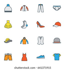 Dress Colorful Outline Icons Set. Collection Of Panama, Cap, Shorts And Other Elements. Also Includes Symbols Such As Sox, Sweatshirt, Sneakers.