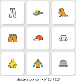 Dress Colorful Outline Icons Set. Collection Of Elegant Headgear, Sweatshirt, Female Boots And Other Elements. Also Includes Symbols Such As Wear, Breeches, Hat.
