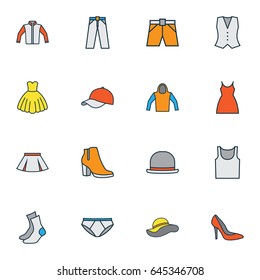 Dress Colorful Outline Icons Set. Collection Of Socks, Panama, Cap And Other Elements. Also Includes Symbols Such As Socks, Underpants, Waistcoat.