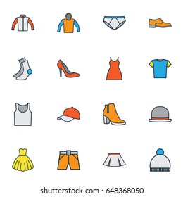 Dress Colorful Outline Icons Set. Collection Of Beanie, Socks And Other Elements. Also Includes Symbols Such As Sweatshirt, Heels, Underwear.