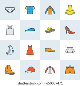 Dress Colorful Outline Icons Set. Collection Of Dress, Panties, Jacket And Other Elements. Also Includes Symbols Such As Sweatshirt, Jacket, Feminine.