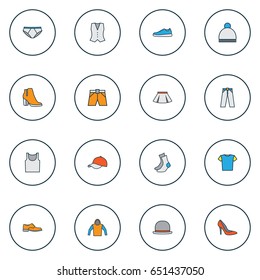 Dress Colorful Outline Icons Set. Collection Of Female Boots, Cap, Skirt And Other Elements. Also Includes Symbols Such As Outfit, Man, Tunic.
