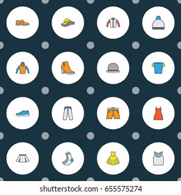 Dress Colorful Outline Icons Set. Collection Of Elegant Headgear, Underwear, Dress And Other Elements. Also Includes Symbols Such As Ski, Sneakers, Sox.