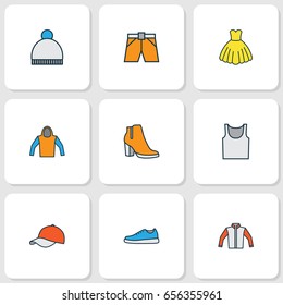 Dress Colorful Outline Icons Set. Collection Of Evening Gown, Shorts, Underwear And Other Elements. Also Includes Symbols Such As Windbreaker, Pompom, Hat.