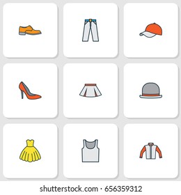 Dress Colorful Outline Icons Set. Collection Of Panama, Heels, Jacket And Other Elements. Also Includes Symbols Such As Gown, Breeches, Dress.