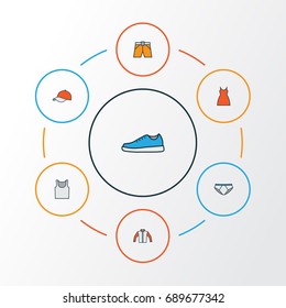 Dress Colorful Outline Icons Set. Collection Of Sneakers, Underwear, Panties And Other Elements. Also Includes Symbols Such As Briefs, Hat, Tunic.