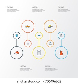 Dress Colorful Outline Icons Set. Collection Of Sneakers, Man Footwear, Beanie And Other Elements. Also Includes Symbols Such As Gumshoes, Hat, Footwear.