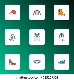 Dress Colorful Outline Icons Set. Collection Of Jacket, Female Boots, Cap And Other Elements. Also Includes Symbols Such As Sneakers, Boots, Wear.
