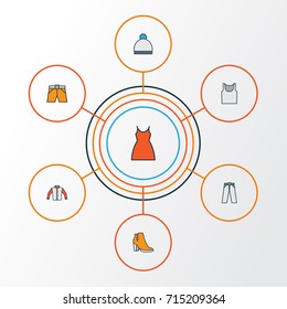Dress Colorful Outline Icons Set. Collection Of Trousers, Shorts, Jacket And Other Elements. Also Includes Symbols Such As Underwear, Heels, Windbreaker.