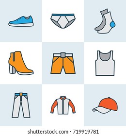 Dress Colorful Outline Icons Set. Collection Of Socks, Underwear, Trousers And Other Elements. Also Includes Symbols Such As Half-Hose, Shorts, Heels.