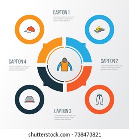 Dress Colorful Outline Icons Set. Collection Of Panama, Elegant Headgear, Sweatshirt And Other Elements. Also Includes Symbols Such As Breeches, Woman, Hat.