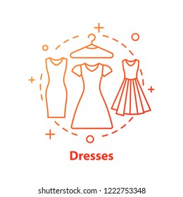 Dress concept icon. Evening gown. Formal wear. Women's fashion idea thin line illustration. Vector isolated outline drawing