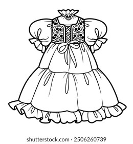 Dress with a corset with a skull ornament and a long curvy skirt for a witch costume for Halloween. Image produced without the use of any form of AI software at any stage.