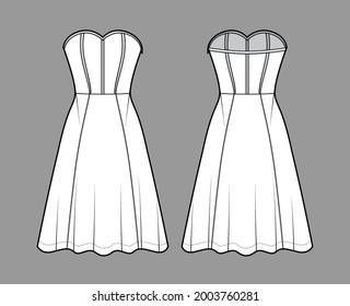 Dress corset technical fashion illustration with sleeveless, strapless, fitted body, knee length circular skirt. Flat apparel front, back, white color style. Women, men unisex CAD mockup