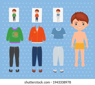 Dress up cute boy character. Paper doll template. Flat cartoon style. Vector illustration
