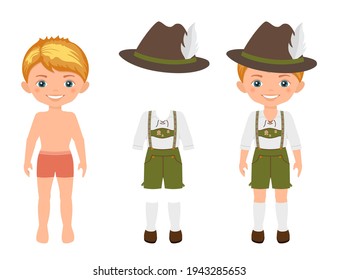 Dress Up Cute Boy In German National Costume. Paper Doll Character Template. Cartoon Flat Style. Vector Illustration