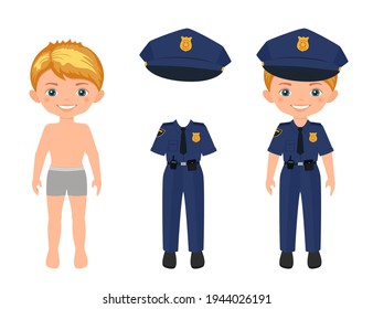 Vestir a un chico lindo con uniforme de policía. Plantilla de carácter de muñeca de papel.Estilo plano de caricatura.Ilustración vectorial