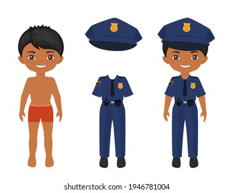 Dress up cute boy in police uniform. Paper doll character template. Flat cartoon flat style. Vector illustration