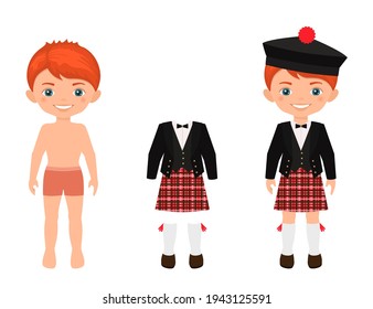 Dress Up Cute Boy In Scottish Suit. Paper Doll Character Template. Cartoon Flat Style. Vector Illustration
