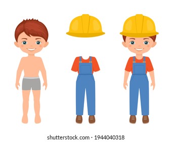 Dress Up Cute Boy In Workwear. Paper Doll Character Template.Cartoon Flat Style.Vector Illustration