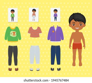 Dress up cute chibi boy. Paper doll character template. Flat cartoon style
