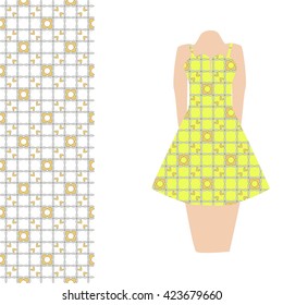 Dress decorated with ornaments. Pattern for design, decoration, textiles. Vector illustration. Trendy fashion design
