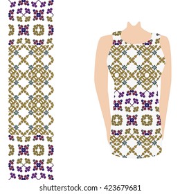 Dress decorated with ornaments. Pattern for design, decoration, textiles. Vector illustration. Trendy fashion design