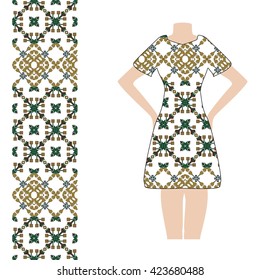 Dress decorated with ornaments. Pattern for design, decoration, textiles. Vector illustration. Trendy fashion design