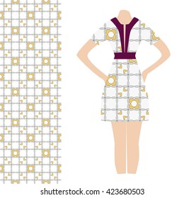 Dress decorated with ornaments. Pattern for design, decoration, textiles. Vector illustration. Trendy fashion design