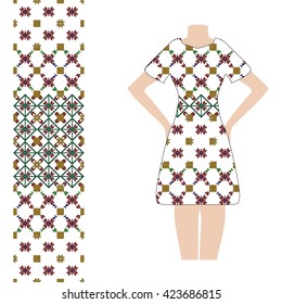 Dress decorated with ornaments. Pattern for design, decoration, textiles. Vector illustration. Trendy fashion design