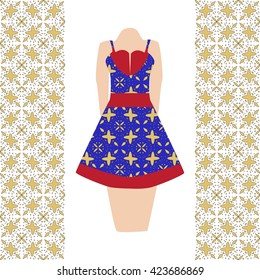 Dress decorated with ornaments. Pattern for design, decoration, textiles. Vector illustration. Trendy fashion design