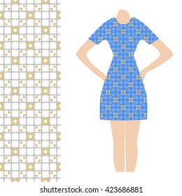 Dress decorated with ornaments. Pattern for design, decoration, textiles. Vector illustration. Trendy fashion design