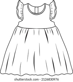 Dress design for girls. Dress template vector flat sketch. Mock up kids dress.Children's dress with ruffles on the sleeves.little girl clothers