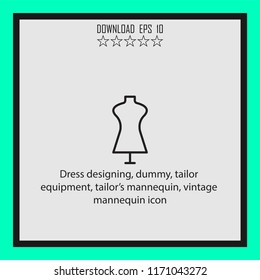 Dress desingning, tailor equipment, vintage mannequin icon  vector icon