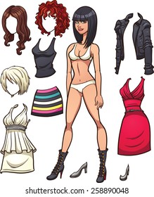 Dress up doll with different haircuts and clothes. Vector clip art illustration with simple gradients. Each element on a separate layer. 