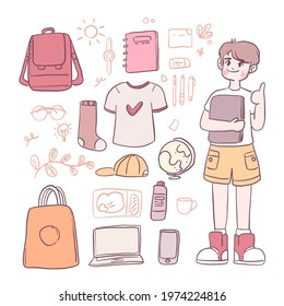 Dress up doll school boy. Boys' characters and costumes and school supplies such as shoulder bags, bags, notebooks, shoes, laptop computers. Vector illustration flat design