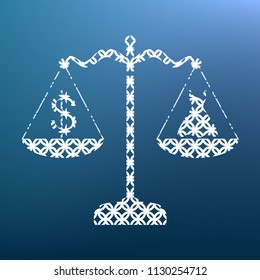 Dress and dollar symbol on scales. Vector. White textured icon at lapis lazuli gradient background.