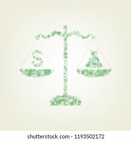 Dress and dollar symbol on scales. Vector. Green hexagon rastered icon and noised opacity and size at light green background with central light.