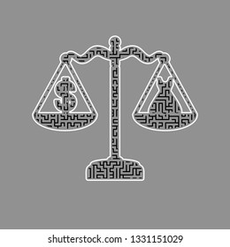 Dress And Dollar Symbol On Scales. Vector. Black Maze Filled Icon With White Border At Gray Background.