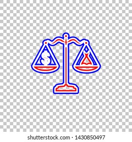 Dress and dollar symbol on scales. Red, white and contour icon at transparent background. Illustration.