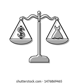 Dress and dollar symbol on scales. Black line icon with gray shifted flat filled icon on white background. Illustration.
