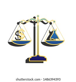 Dress and dollar symbol on scales. Blue icon with gold contour with dark gray shadow at white background. Illustration.